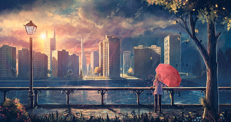 Anime Girl Cityscape Umbrella Trees, anime-girl, anime, umbrella, artist, artwork, digital-art, rain, HD wallpaper