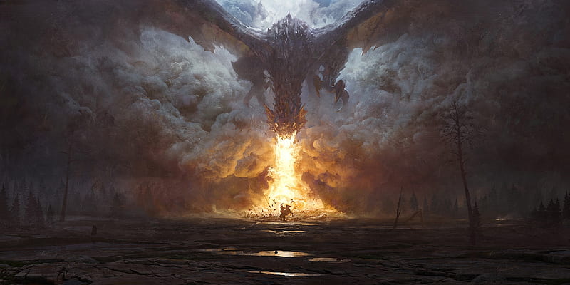 Dragon's attack, attack, dragon, fire, fantasy, luminos, rutkovski, HD wallpaper