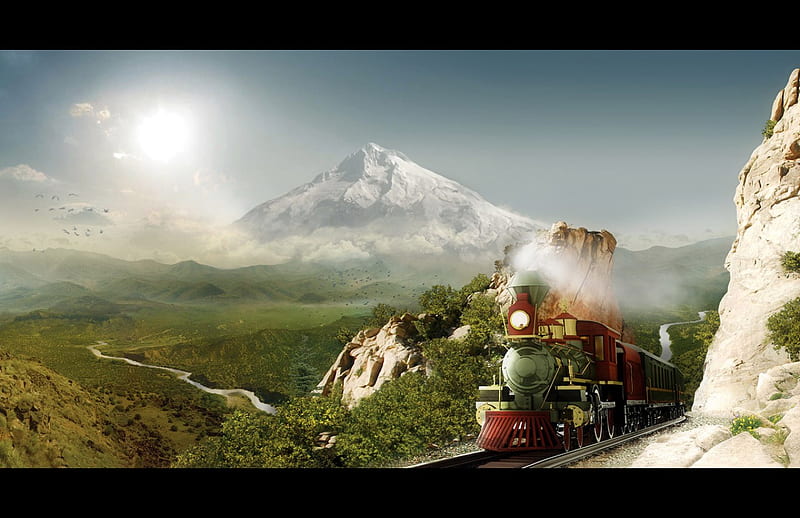 LONG WAY HOME, locomotive, sun, train, mountains, river, tracks, sky, HD wallpaper