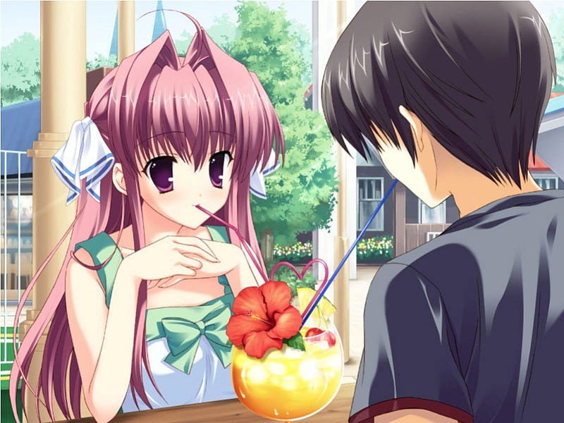 True Love Cocktail, pretty, guy, bonito, eat, sweet, nice, anime, love, handsome, hot, drink, beauty, anime girl, long hair, couple, cocktail, female, male, lovely, romantic, romance, sexy, short hair, cute, boy, water, cool, girl, flower, lover, eating, HD wallpaper