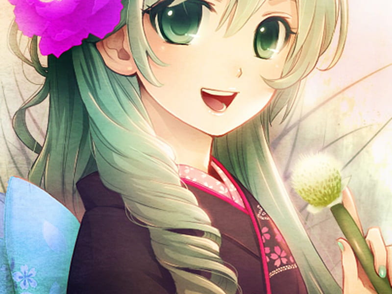 hey!!, pretty, green eyes, smile, kimono, blusher brush, happy, girl, anime, blushing, green hair, HD wallpaper