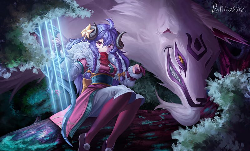kindred, league of legends, anime style, horns, fox, braids, Anime, HD wallpaper