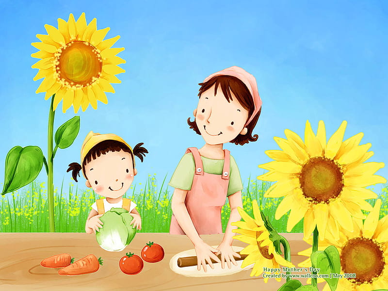 Me and my mother, family, children, sunflower, abstract, mother, sweet, HD wallpaper