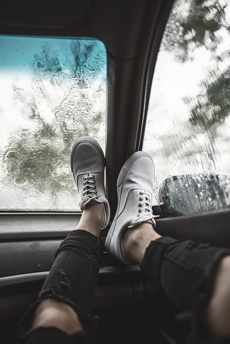 legs, sneakers, car, glass, rain, HD phone wallpaper
