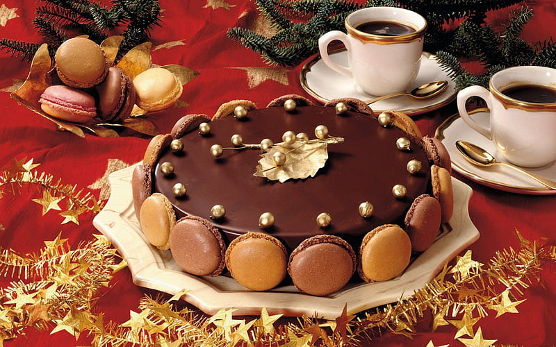 *** Christmas cake ***, holidays, delicious, christmas, food, cace, chocolate, koffee, cups, HD wallpaper