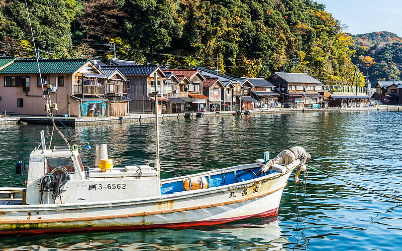 fishing boat, Japanese city, mountain landscape, summer, Kyoto, japan, Honshu Island, HD wallpaper
