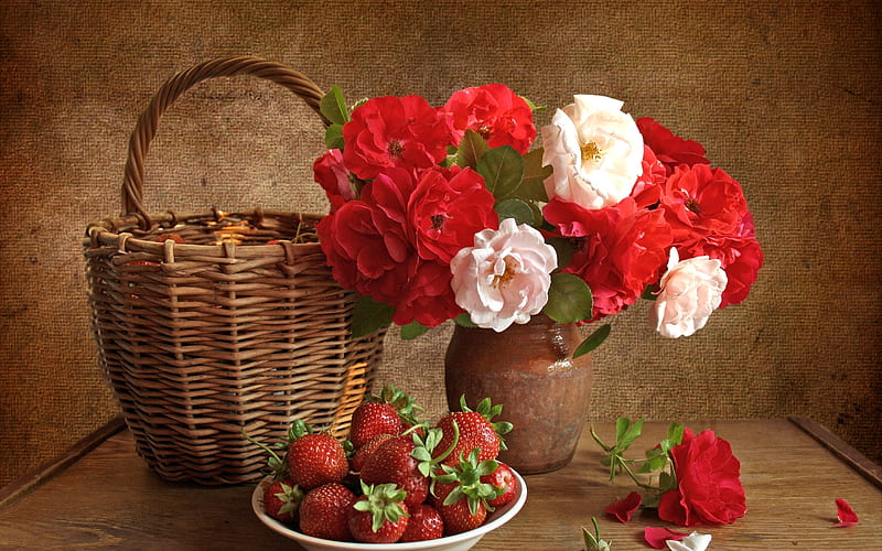 Flowers and a basket, brown, basket, background, flowers, still, white, red, pretty, roses, strawberries, HD wallpaper