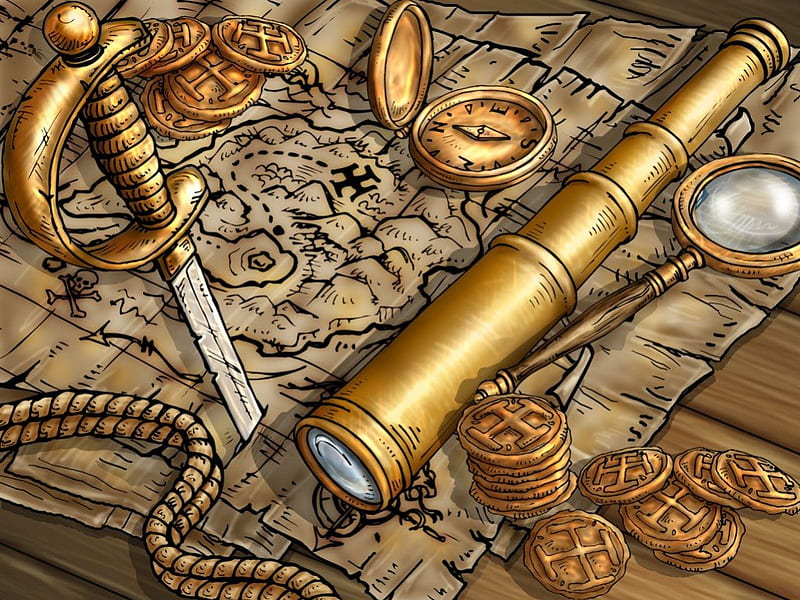 MARINER'S CHOICE, glass, daggar, ships, money, maps, telescope, coins, compass, HD wallpaper
