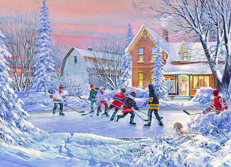 Playtime, hockey, snow, cottage, painting, ice, trees, artwork, winter, HD wallpaper
