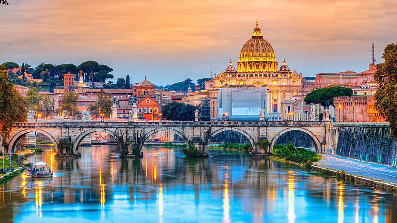 Saint Peter Basilica & St. Angelo Bridge,Italy, building, bridge, nature, reflection, lake, italy, HD wallpaper