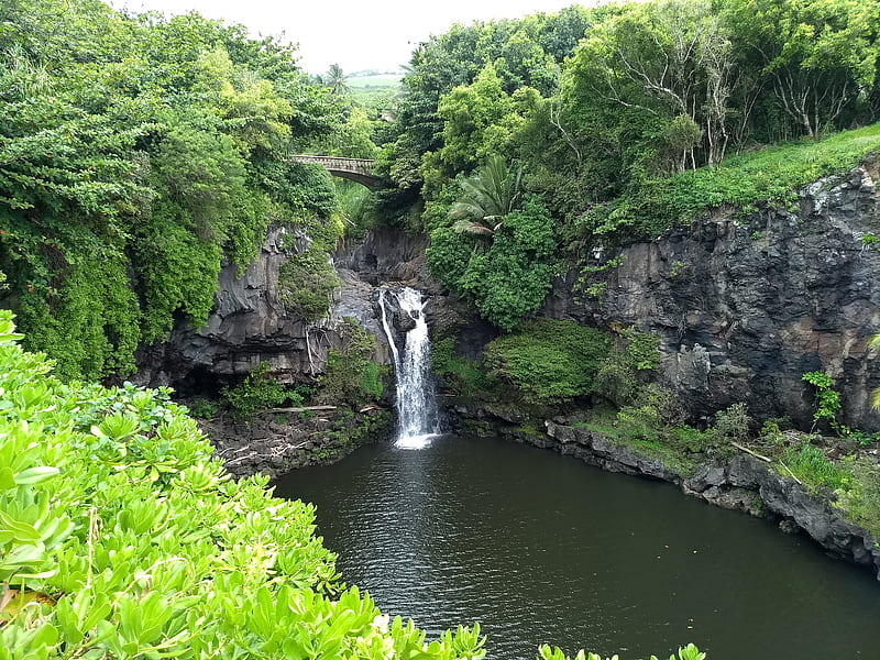 Hawaiian Waterfall, hawaii, water, green, blue, sky, trees, bridge, island, paradise, HD wallpaper