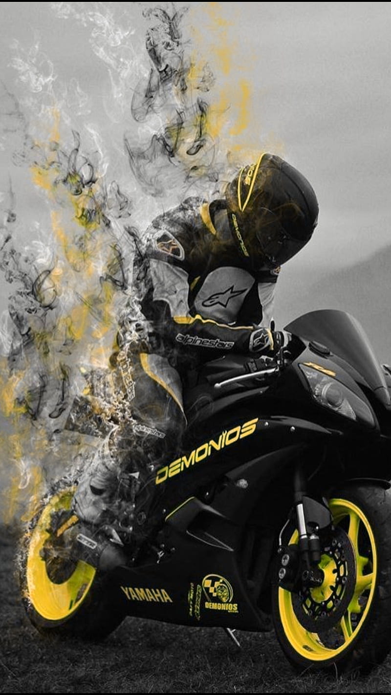 Vanishing point, bike, biker, black, driver, helmet, motorcycle, motors, smoke, yellow, HD phone wallpaper