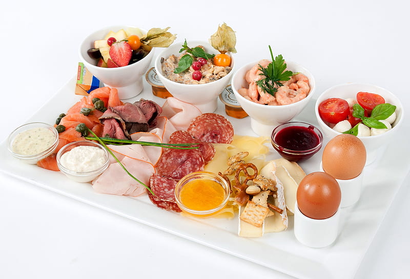 Food, Breakfast, Cheese, Egg, Meat, Salad, Salmon, Sauce, Shrimp, Tomato, HD wallpaper