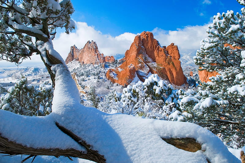 Winter in Colorado, formation, snow, snowfall, park, winter, rocks, spring, mountain, Colorado, gateway, garden, HD wallpaper