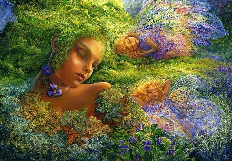 Sleeping fairies, josephine wall, art, fantasy, sleep, girl, painting, pictura, fairy, green, HD wallpaper