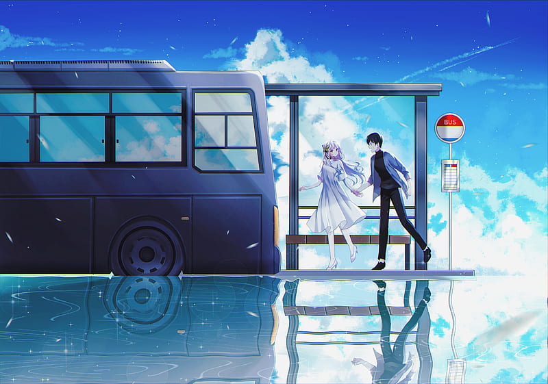 Anime, Original, Boy, Bus, Bus Stop, Girl, HD wallpaper