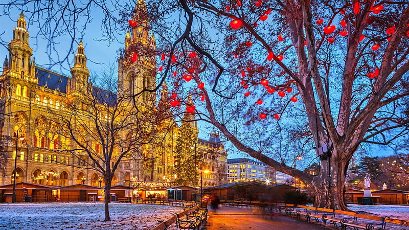vienna town hall on a winter evening r, building, path, r, evening, trees, winter, yard, HD wallpaper