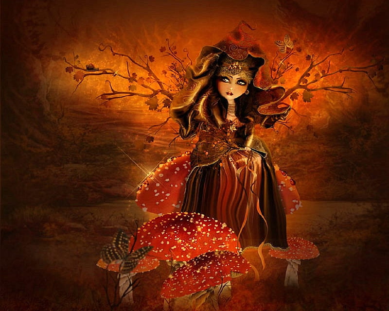 ★Autumn Little Witch★, fall, pretty, autumn, halloween, witches, digital art, leaves, fantasy, paintings, butterfly, butterfly designs, lovely, maple, colors, love four seasons, creative pre-made, weird things people wear, mushrooms, HD wallpaper