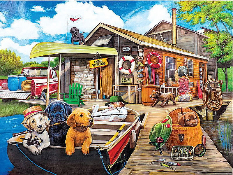 Gone Fishing, dogs, pier, boat, painting, cabin, lake, HD wallpaper