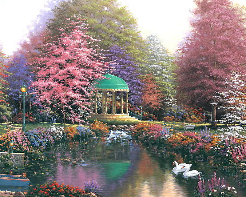 Dream-land, amazing, park, trees, swan, flowers, beauty, nature, colours, river, HD wallpaper