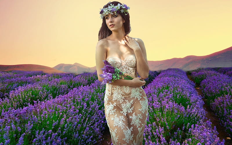 Gorgeous Woman in Lavender Field, brunette, lovely, lavender field, purple, feminine, flowers, lace dress, woman, sexy, HD wallpaper
