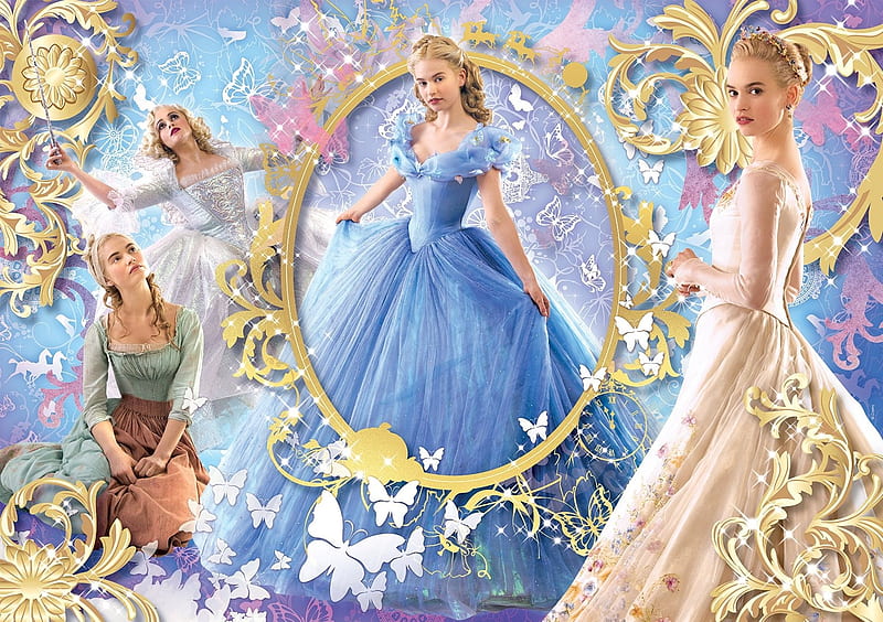 Cinderella, lily james, dress, movie, collage, woman, girl, actress, white, disney, blue, HD wallpaper