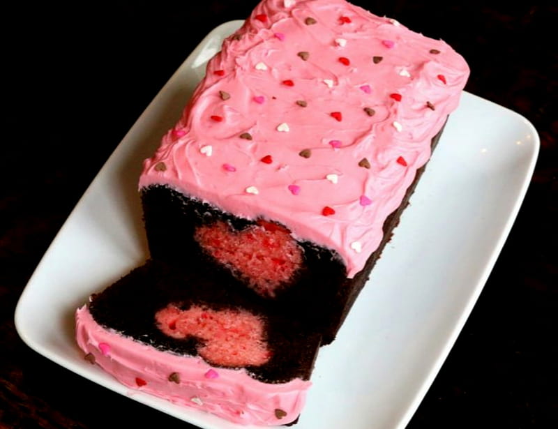 Valentine Surprise, Cake, Heart, Valentiune, Surprise, Pink, Sweet, HD wallpaper