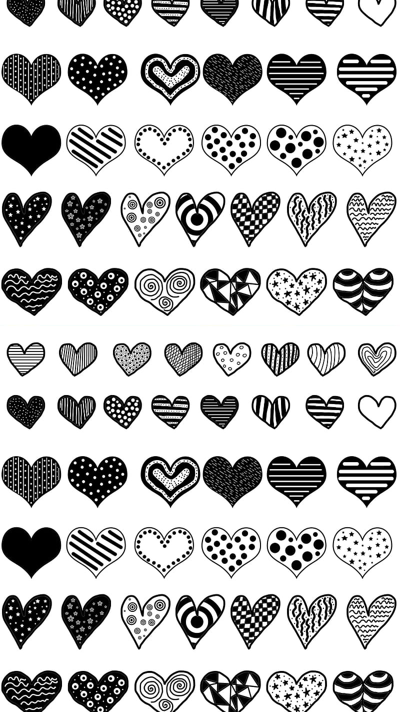 black white hearts, black white, crush, cute, heart, corazones, in love, line drawing, love, valentine, valentine’s day, HD phone wallpaper