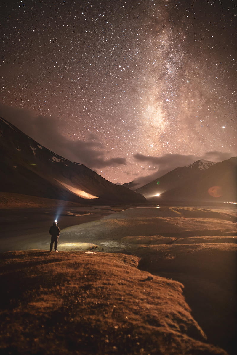 man, alone, mountains, stars, night, nature, HD phone wallpaper