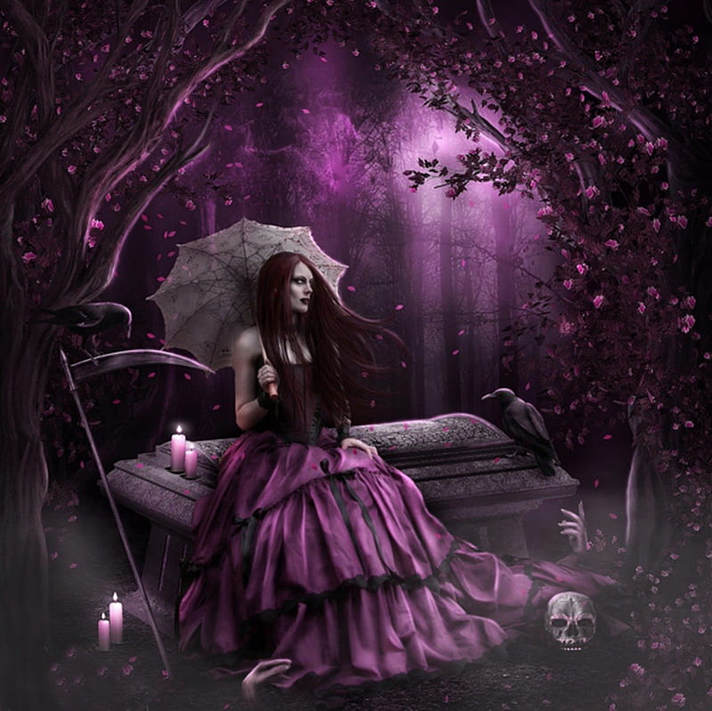 Pink dead, candle, forest, dead, raven, lovely, bonito, magic, cemetary, vamp, fantasy, girl, beauty, vampire, skull, HD wallpaper