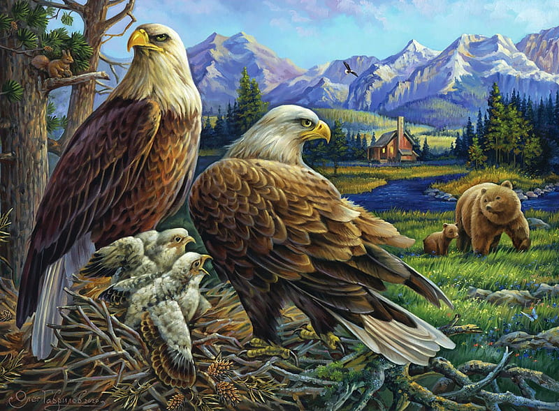 Eagles At The Nest, mountains, painting, birds, bear, nature, chicks, artwork, HD wallpaper