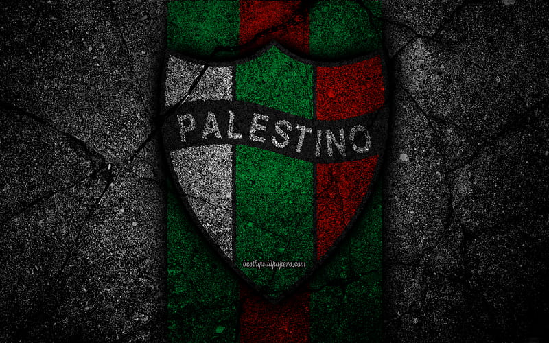 Palestino FC, emblem, Chilean Primera Division, soccer, black stone, football club, Chile, Palestino, logo, asphalt texture, FC Palestino, HD wallpaper