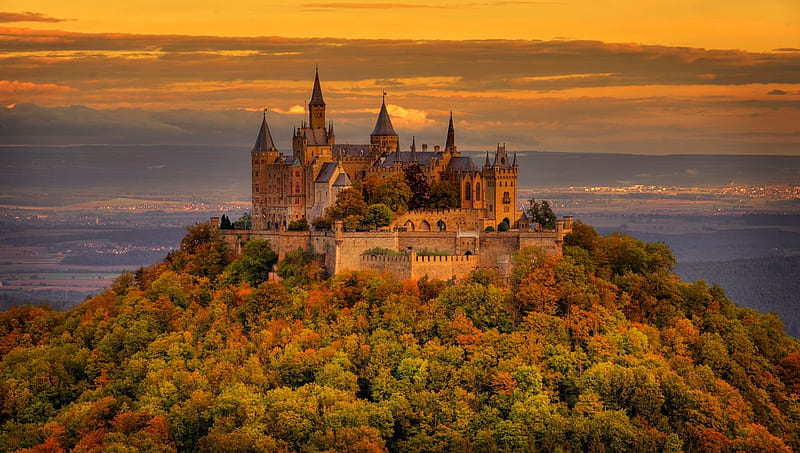 Close-up of the Castle Hohenzollern, Germany, autumn, houses, nature, castle, sky, trees, HD wallpaper