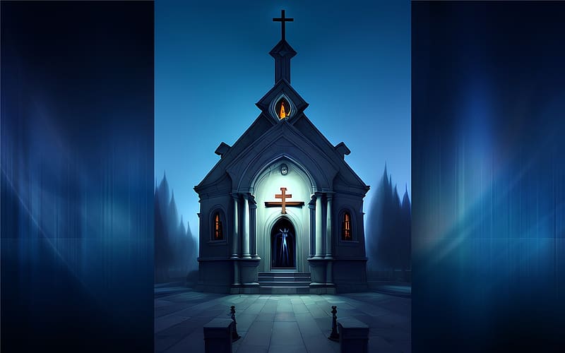 Chapel, church, ai art, blue, cross, benches, HD wallpaper