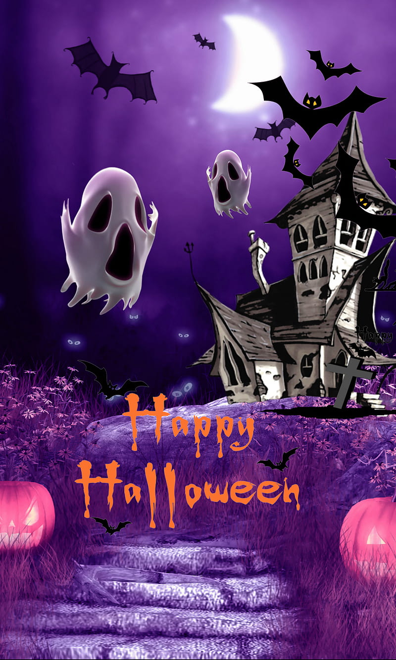 halloween, ghost, night, pumpkin, HD phone wallpaper