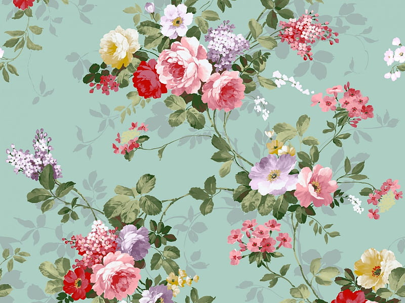 Vintage wall, red, rose, retro, green, texture, flower, pink, blue, vintage, HD wallpaper