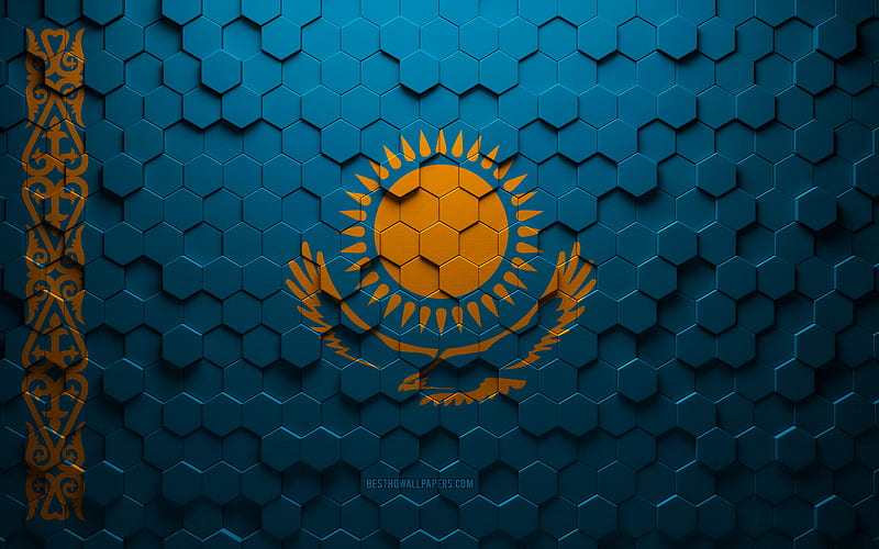 Flag of Kazakhstan, honeycomb art, Kazakhstan hexagons flag, Kazakhstan, 3d hexagons art, Kazakhstan flag, HD wallpaper