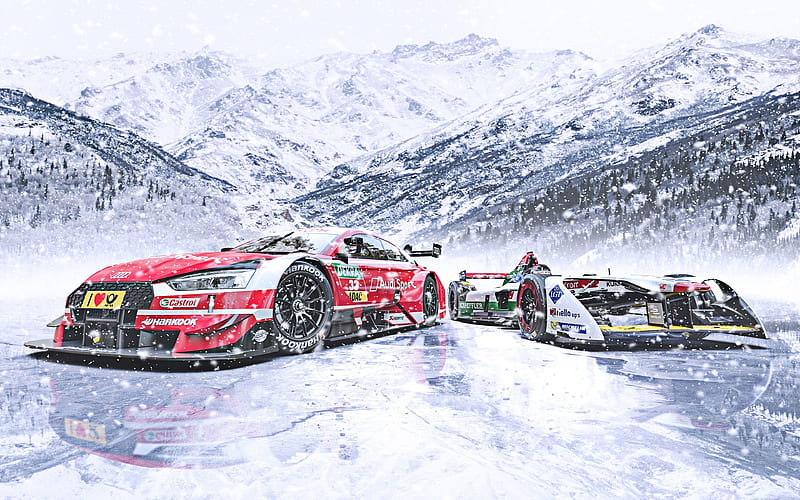 Audi RS5 DTM, Audi E-tron FE04, 2019 racing cars, winter, snow, frozen lake, German sports cars, Audi, motosport, HD wallpaper