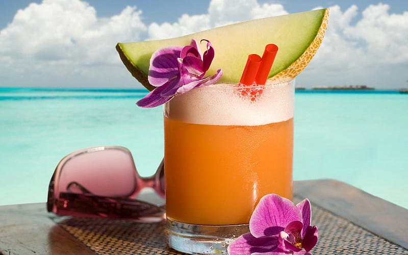 Cool Melon Cocktail, table, cocktail, inviting, refreshing, sunglasses, beach, slice, flowers, melon, HD wallpaper