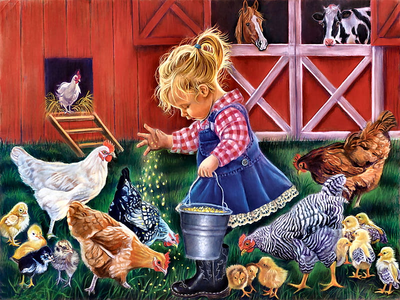 Little Farm Girl F, art, bonito, illustration, artwork, horses, sheep, little girl, painting, wide screen, chickens, farm animals, cows, HD wallpaper