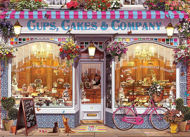 Cups, Cakes & Company, shop, painting, flowers, bicycle, cakes, cats, vintage, HD wallpaper
