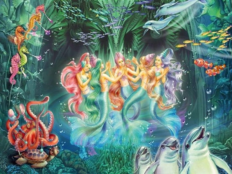 Fantasia mermaid, colorful, art, lovely, ocean, mermaid, bonito, fantasy, water, peaceful, dream, HD wallpaper