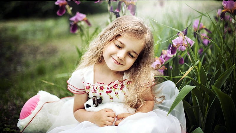 Cute Girl With Animals Irises Flower, HD wallpaper