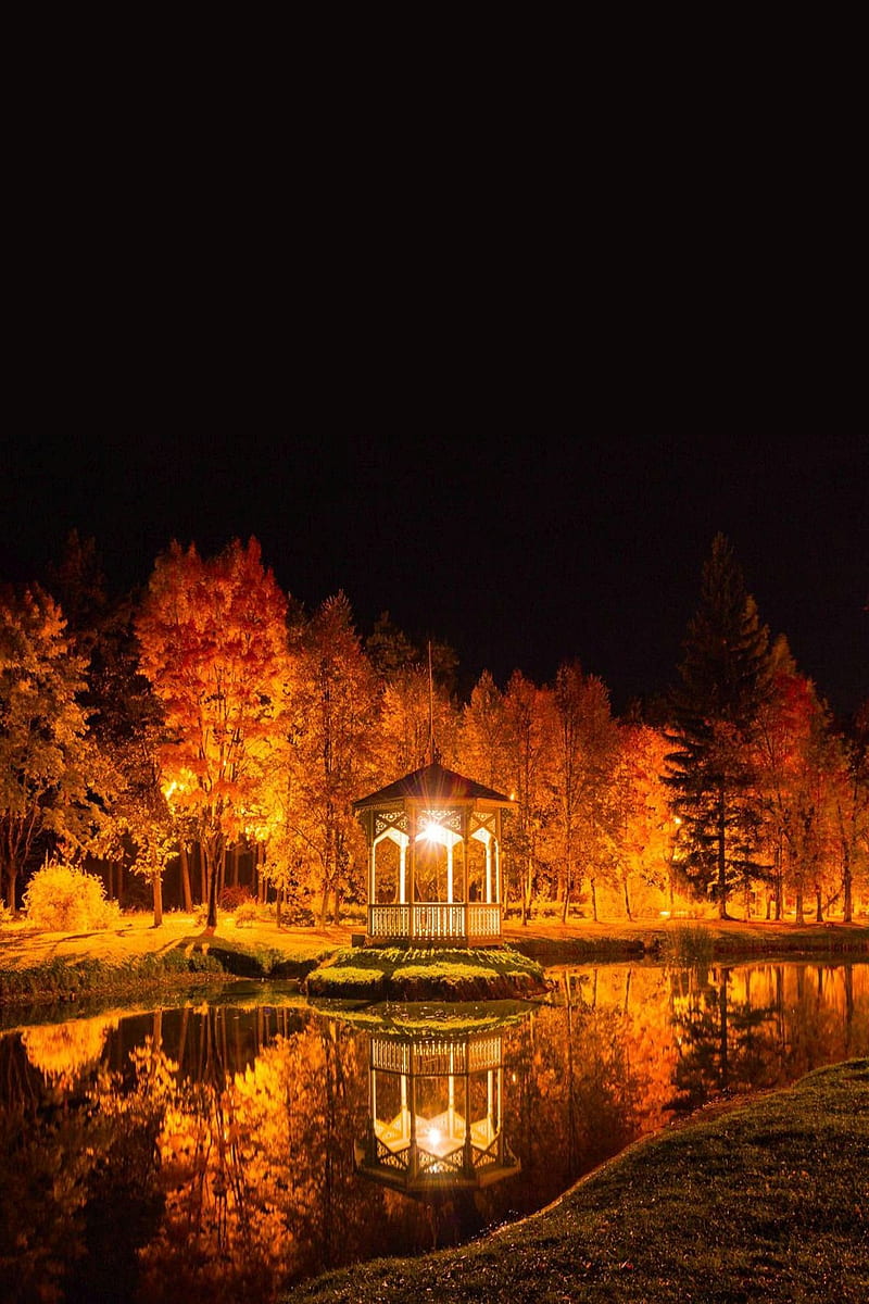 Gazebo At Night, fall, autumn, lake, landscape, nature, autumn, HD phone wallpaper