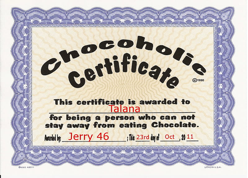 Certificate for Talana, certificate, talana, chocolate, chocoholic, HD wallpaper