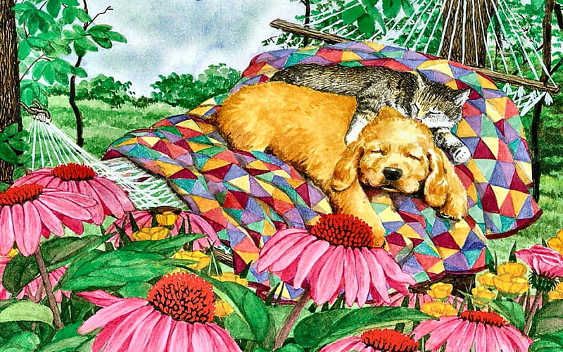 Puppy and Kitten Napping F1, art, quilt, cat, nap time, artwork, canine, animal, pet, feline, painting, wide screen, hamock, dog, HD wallpaper