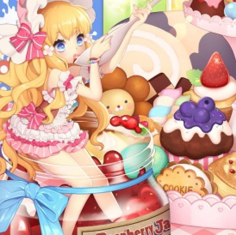 Yummy, candy, cake, dress, blond, strawberry, adorable, eat, sweet, anime, anime girl, jelly, long hair, delicious, female, food, blonde, blond hair, kawaii, girl, eating, pudding, HD wallpaper