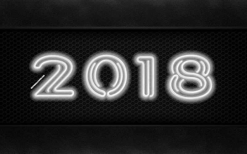 2018 year neon digits, creative, metal background, 2018, New Year 2018, HD wallpaper