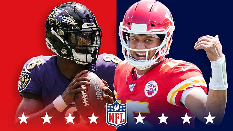 Lamar Jackson With Patrick Mahomes In Blue And Red Background Wearing Purple Dress And Helmet Sports, HD wallpaper