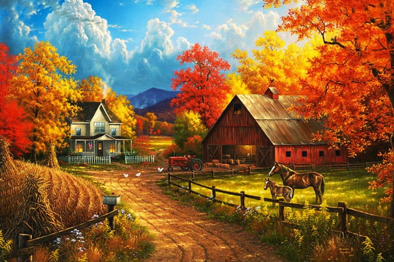 Country Blessings, autumn, house, painting, path, trees, artwork, HD wallpaper